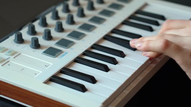 Hand playing MIDI keyboard controller in a home studio, creating and producing electronic music with modern digital instruments, focusing on composition and sound design