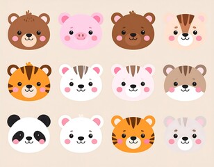 Fototapeta premium Cute Animal Faces Vector Illustration with Bears, Tigers, Pandas and Other Animals