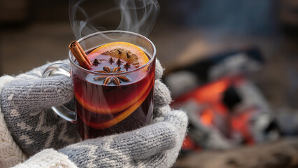 Close-up of hands holding mulled wine garnished with star anise, glowing embers in background, steam rising in cold air, wool mittens visible on the edge.