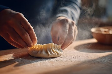 Chef's hands meticulously pleating dough to create homemade dumplings, working on a wooden surface dusted with flour, showcasing culinary craftsmanship and traditional food preparation art