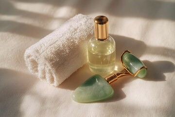 Jade facial roller with a clear bottle of skincare oil and a white towel on soft fabric, promoting luxury self-care, beauty, spa rituals, and facial rejuvenation