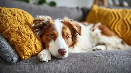 Adorable dog resting comfortably on a stylish gray couch with a cozy yellow knit blanket in a modern pet friendly home interior  The dog appears relaxed and content