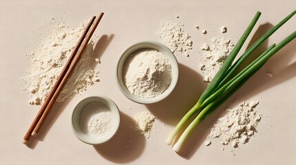 Preparing natural homemade asian cuisine ingredients with bowls of flour, fresh green scallions, and chopsticks on a light background, viewed from above, creating a cooking flat lay