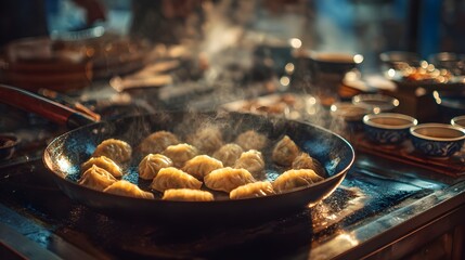Traditional asian gyoza dumplings pan-frying in a hot skillet, steaming in a busy restaurant kitchen, preparing a modern delicious dinner meal with fresh ingredients