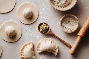 Dumplings preparation featuring raw dough, filling, and finished handmade pelmeni or pierogi on a floured surface, culinary process for homemade food