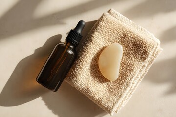 Skincare routine set featuring a dark glass serum dropper bottle, a beige folded towel, and a gua sha tool, creating a spa, massage, and wellness concept