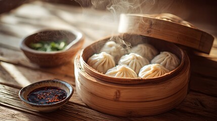 Steaming dumplings in a bamboo basket served with a spicy dipping sauce, showcasing traditional dim sum cuisine and asian culinary concepts