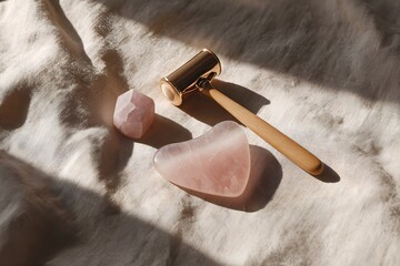 Rose quartz gua sha and face roller, natural crystal tools for skincare, promoting beauty, wellness, and self-care routines for healthy glow