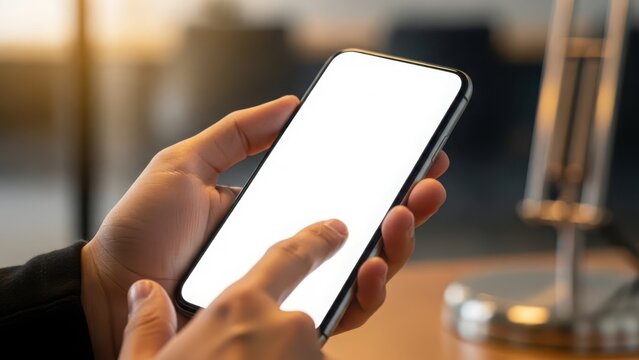 Close up of hands holding a smartphone with a blank white screen in a modern office setting