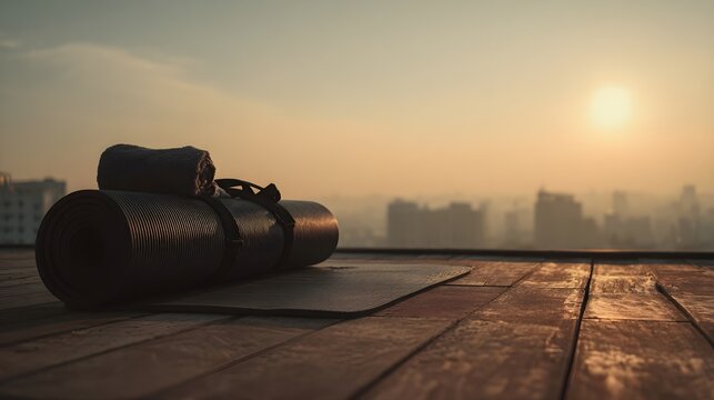 Yoga mat and towel on a wooden rooftop deck at sunrise, ready for a peaceful outdoor yoga and meditation session overlooking the calm city skyline, wellness and balance
