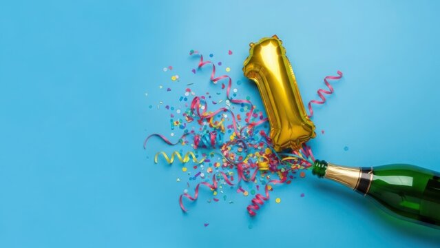 Golden number one balloon exploding from champagne bottle with confetti and streamers on blue background