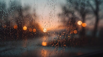 Raindrops coating a glass surface, blurring the background into vibrant bokeh circles from city street lights and a warm sunset sky, evoking a moody and reflective urban atmosphere