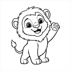 A Smiling lion cub waving happily black line art, white background