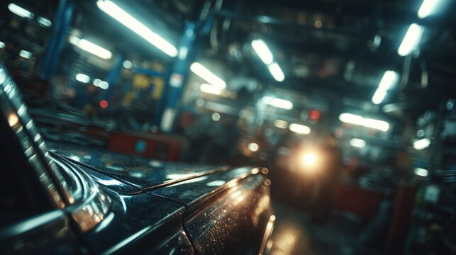 Close-up of a dark, glossy car body reflecting bright fluorescent lights in an auto repair garage or service station. Industrial workshop atmosphere with machinery and bokeh lights in the background.