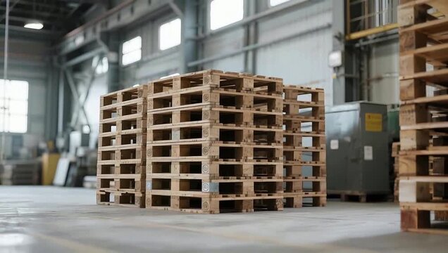 Stacks of wooden pallets in warehouse