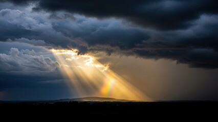 Dramatic sun rays piercing through dark storm clouds, illuminating a faint rainbow over a distant landscape