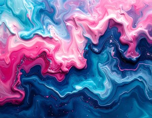 Colorful abstract painting of swirls, with blues, pinks and hints of purple, resembling liquid marble