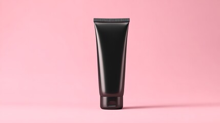 Unleash your inner radiance with this sleek black tube a promise of beauty and self care against a soft pink backdrop