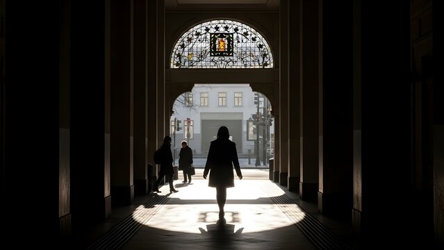 Silhouette of a person walking through a grand archway with stained glass light creating a dramatic effect.