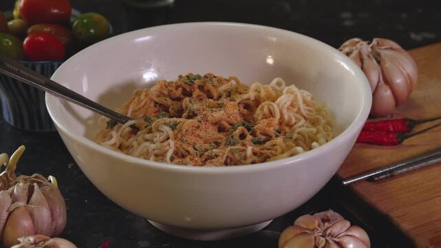 Seasoning instant yellow noodles popular fast dish in Southeast Asia suing fresh ingredients