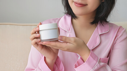 Closeup of woman holding cosmetic jar with blank lid in hands, mockup