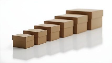 Six progressively larger cardboard boxes arranged in a diagonal line casting reflections on a white surface.