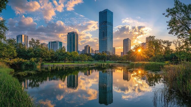 Breathtaking modern high rise office buildings reflected in the serene waters of a lakeside park set against a vibrant sunset sky with dynamic cloud formations creating a captivating urban landscape