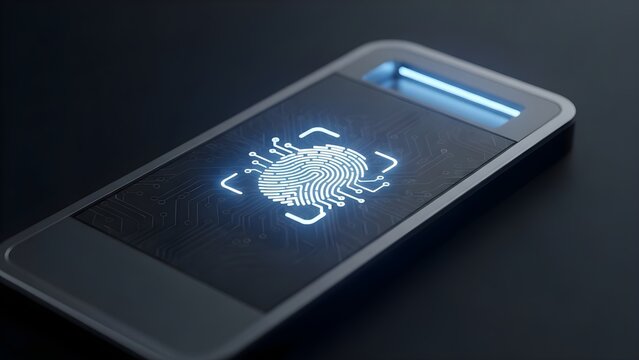 Smartphone with glowing fingerprint scan for biometric security.