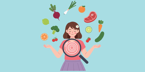 Healthy eating, nutrition awareness, mindful food choices, balanced diet, digestive health, organic vegetables, wellness lifestyle, clean eating, flat vector illustration