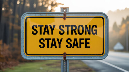 Yellow sign with STAY STRONG STAY SAFE message beside a road.
