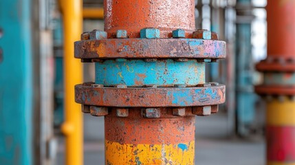 Close up of weathered rusted industrial with vibrant colorful graffiti artwork covering the surface in an aged urban environment The juxtaposition of the decaying metal and the bold