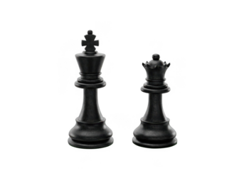 Black chess king and queen pieces isolated on transparent background for strategy games and leadership concepts