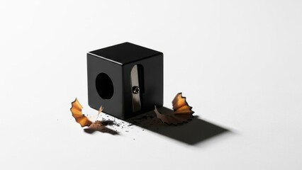 Minimalist black sharpener casting shadows with creative remnants