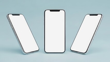 Three modern smartphones with blank white screens are displayed on a light blue background, arranged in a triangle.