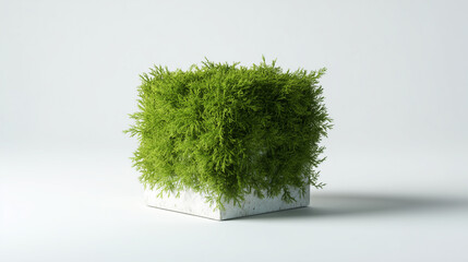 Hyper-Realistic Moss-Covered Cubic Planter on Clean White Background