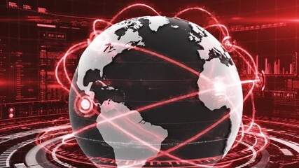 Global news coverage with Earth globe rotating over vibrant red digital data visualizations, perfect for financial news, international business, and tech updates - Powered by Adobe