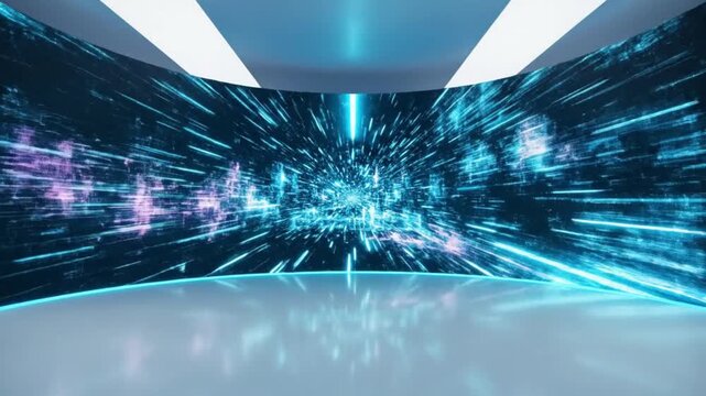 Experience a futuristic blue lightning storm inside a modern studio, perfect for technology presentations or sci-fi themed events, offering a dynamic visual backdrop