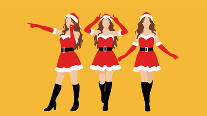 Festive Holiday Fashion Three Women in Santa-Inspired Outfits Posing Playfully on a Vibrant Yellow Background
