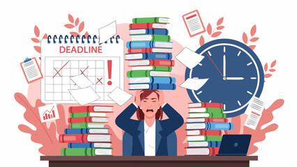 Overwhelmed Office Worker Buried in Paperwork Facing Deadlines and Time Pressure with Stress and Pressure