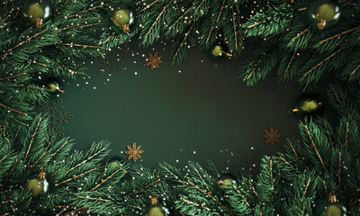 Fototapeta premium Festive Christmas background featuring lush green fir branches decorated with elegant dark green baubles, golden accents. Christmas background with copy space. 3D Rendering, 3D Illustration