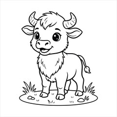 A Young buffalo standing on grassland black line art, white background