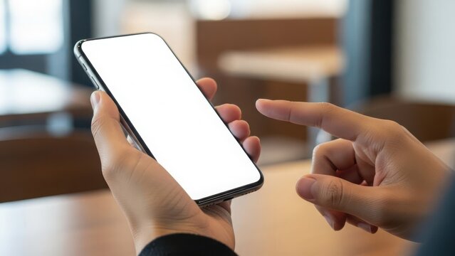 Person holding a smartphone with a blank white screen and touching it with a finger