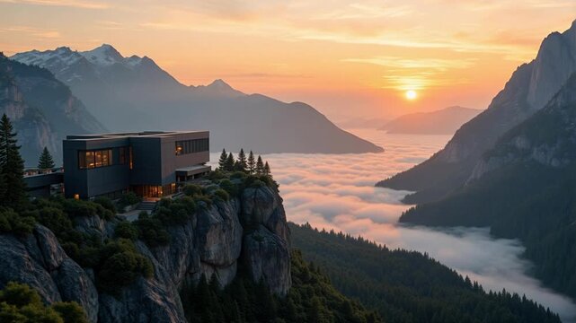 Dramatic data center view at dawn with valley fog rising, modern tech in nature, a stunning aerial shot. Perfect for innovation and future concepts.