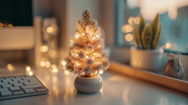 A small Christmas tree is lit up and sitting on a desk. Tiny desktop christmas tree, clean modern workspace, soft warm lighting, minimal ornaments, cozy holiday atmosphere