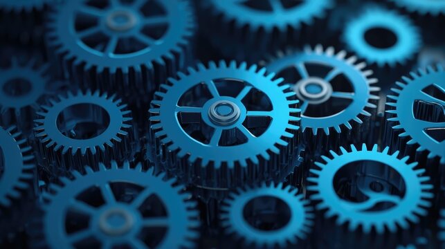 Detailed shot of intricate gears cogs and belts in dynamic industrial motion showcasing the mechanics and engineering behind manufacturing and automation processes