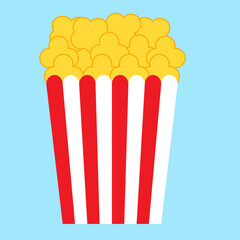 Popcorn in a red stripe box.Food cinema movie film isolated on blue background.Sign, symbol, icon and logo.Snack food.Popcorn in paper buckets red and white striped.Flat design.Vector illustration.
