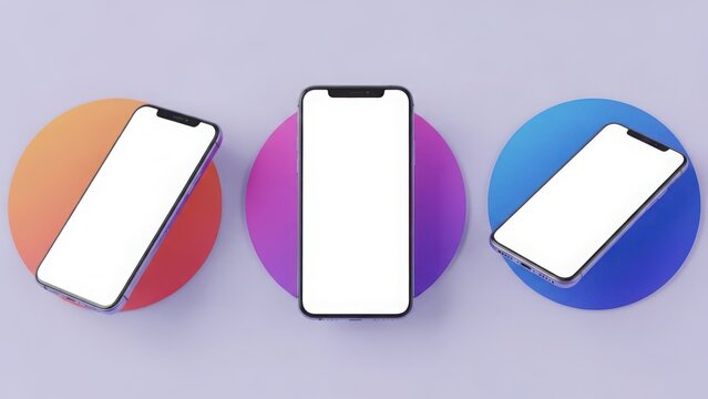 Three modern smartphones with blank screens showcased on colorful gradient circles against a light purple background