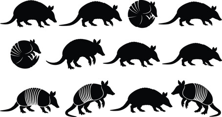 Armadillo Silhouette Collection Featuring Defensive Poses, Walking Styles, and Shell Patterns for Wildlife, Nature, and Vector Illustration Use