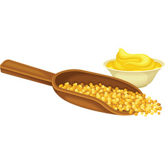 Wooden Scoop Filled With Golden Granules Next To A Bowl Of Yellow Cream Against A White Background Studio Shot