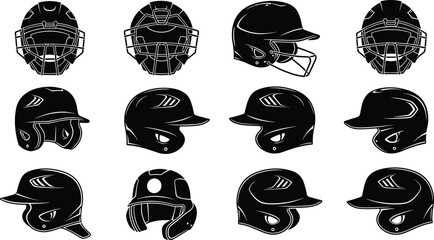 Baseball Helmet and Catcher Mask Silhouette Set Featuring Protective Gear Designs for Sports Safety, Equipment Comparison, and Vector Illustration Use
